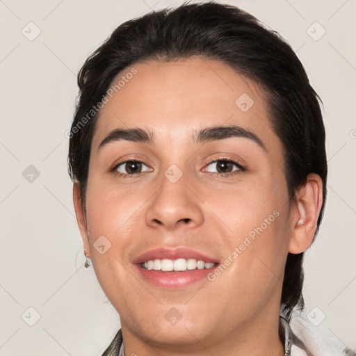 Joyful white young-adult female with medium  brown hair and brown eyes