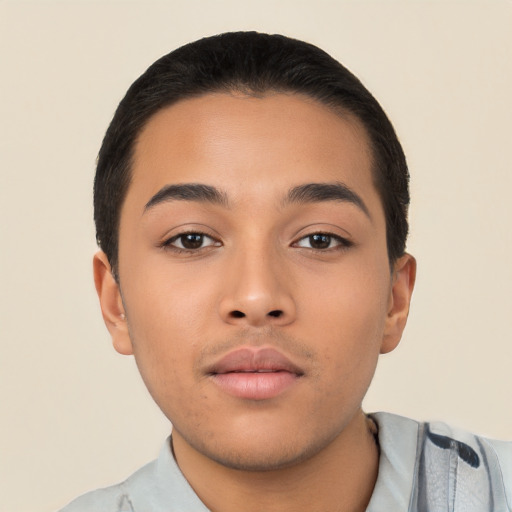 Neutral latino young-adult male with short  black hair and brown eyes