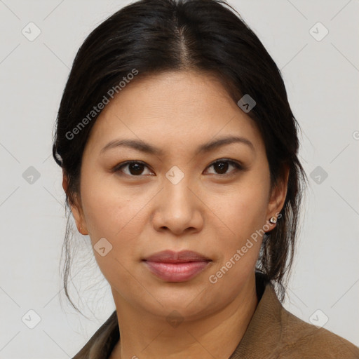 Joyful asian young-adult female with medium  brown hair and brown eyes