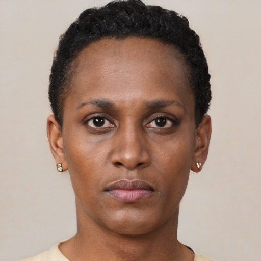 Neutral black young-adult female with short  brown hair and brown eyes