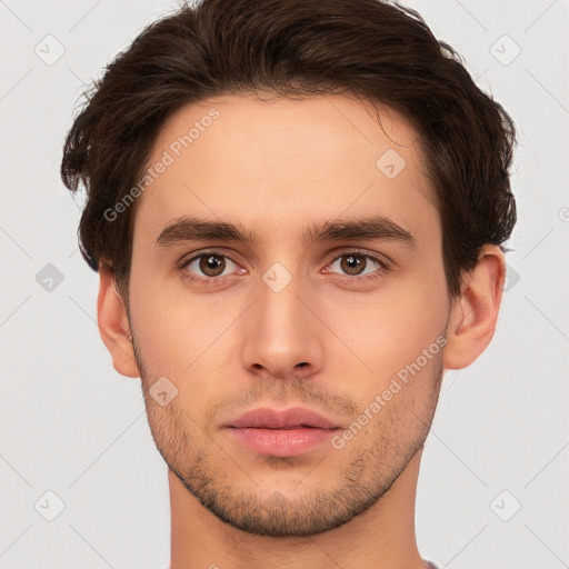 Neutral white young-adult male with short  brown hair and brown eyes