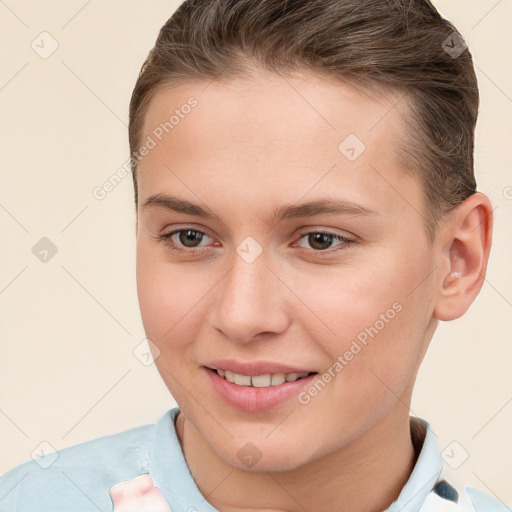 Joyful white young-adult female with short  brown hair and brown eyes