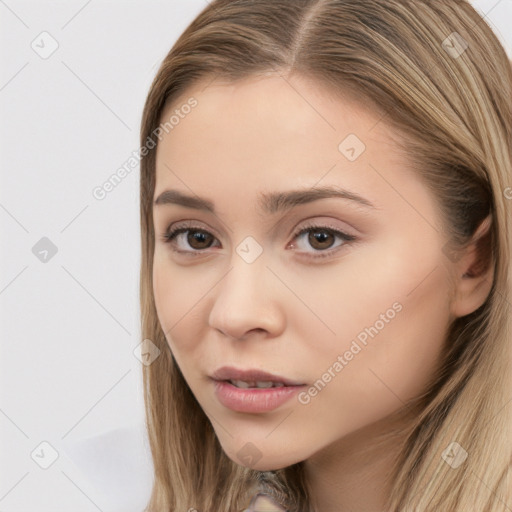 Neutral white young-adult female with long  brown hair and brown eyes