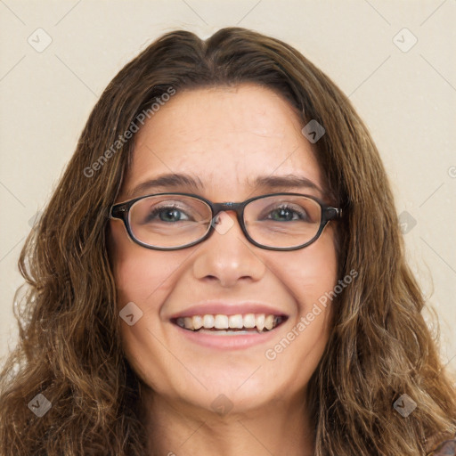 Joyful white young-adult female with long  brown hair and green eyes