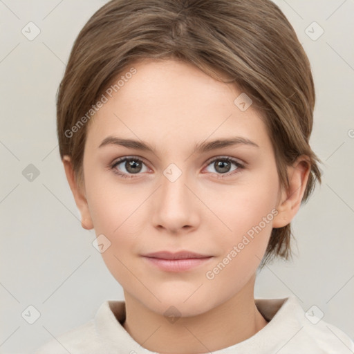 Neutral white young-adult female with short  brown hair and brown eyes