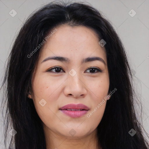 Joyful asian young-adult female with long  brown hair and brown eyes