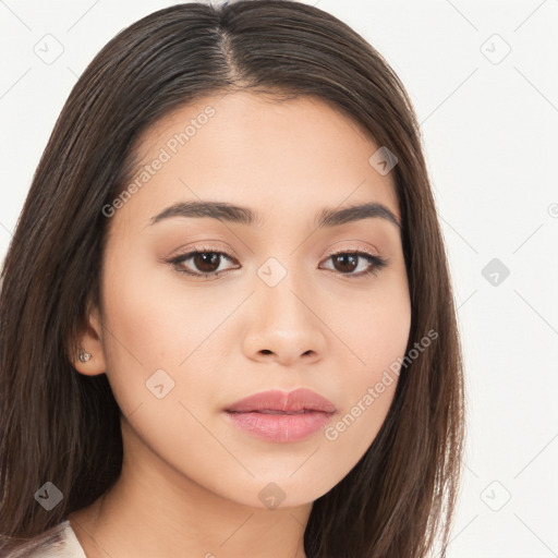 Neutral white young-adult female with long  brown hair and brown eyes