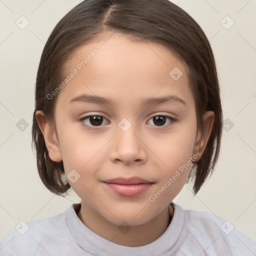 Joyful white child female with medium  brown hair and brown eyes