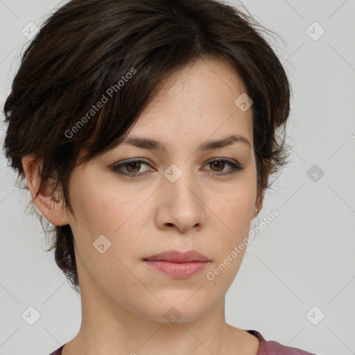 Neutral white young-adult female with medium  brown hair and brown eyes