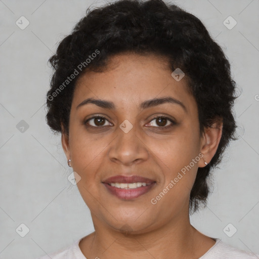 Joyful latino young-adult female with short  brown hair and brown eyes