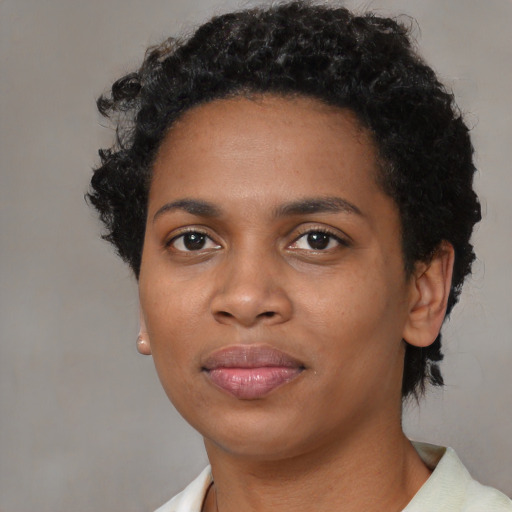 Neutral black young-adult female with short  black hair and brown eyes