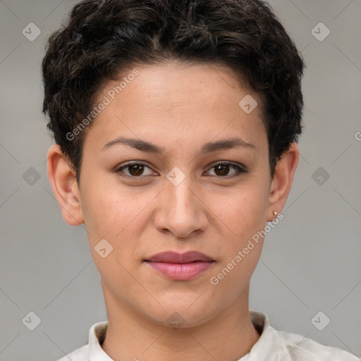 Joyful white young-adult female with short  brown hair and brown eyes