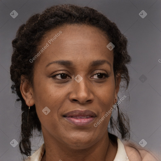 Joyful black adult female with long  brown hair and brown eyes