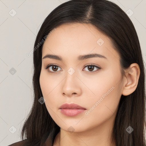 Neutral white young-adult female with long  brown hair and brown eyes