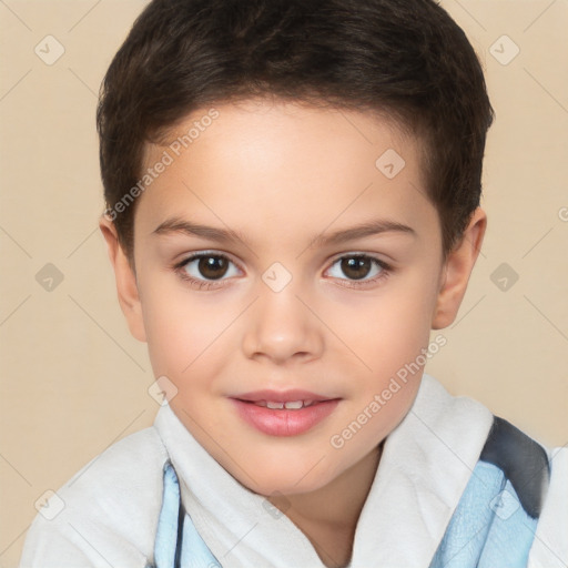 Joyful white child female with short  brown hair and brown eyes