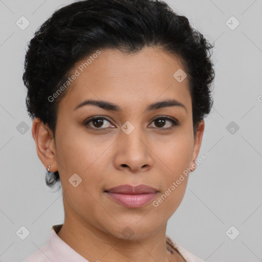 Joyful latino young-adult female with short  brown hair and brown eyes