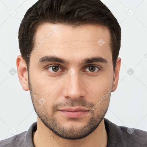 Neutral white young-adult male with short  brown hair and brown eyes