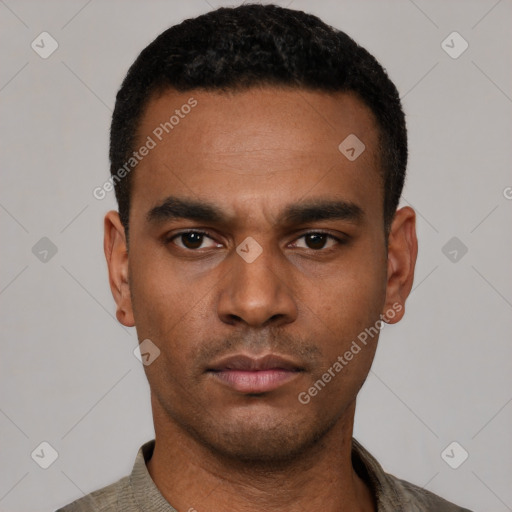 Neutral latino young-adult male with short  black hair and brown eyes