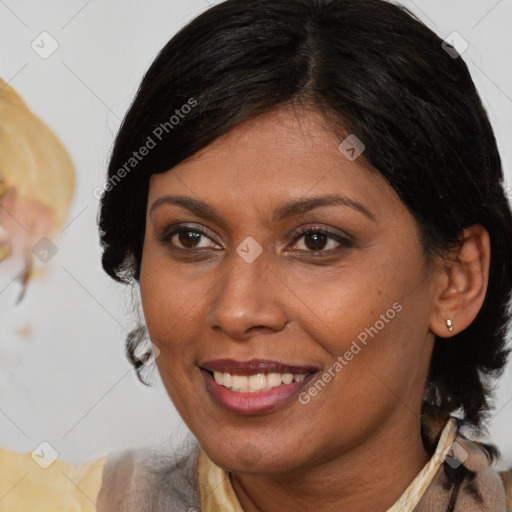 Joyful black adult female with medium  brown hair and brown eyes