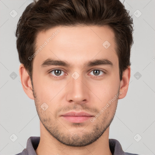 Neutral white young-adult male with short  brown hair and brown eyes