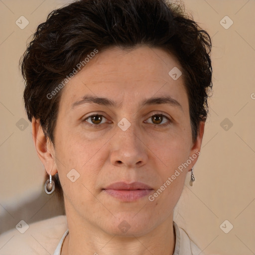 Joyful white adult female with short  brown hair and brown eyes