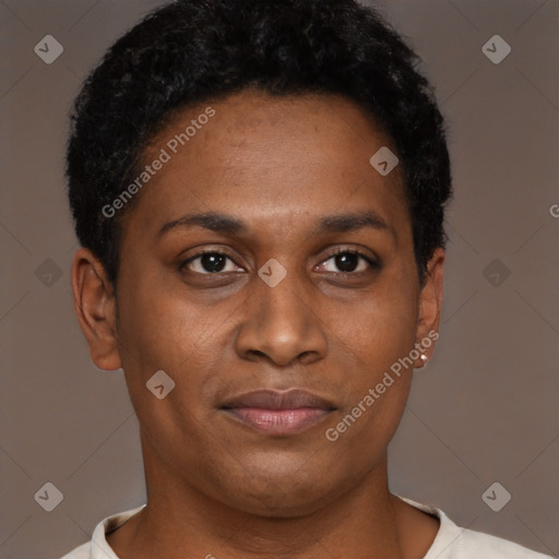 Joyful black young-adult female with short  brown hair and brown eyes