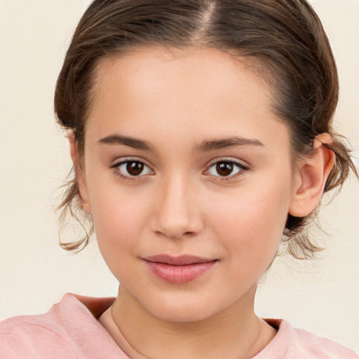 Joyful white child female with medium  brown hair and brown eyes