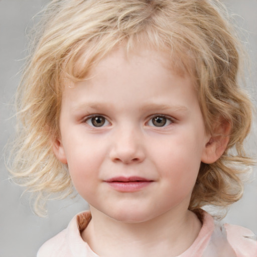 Joyful white child female with medium  blond hair and blue eyes