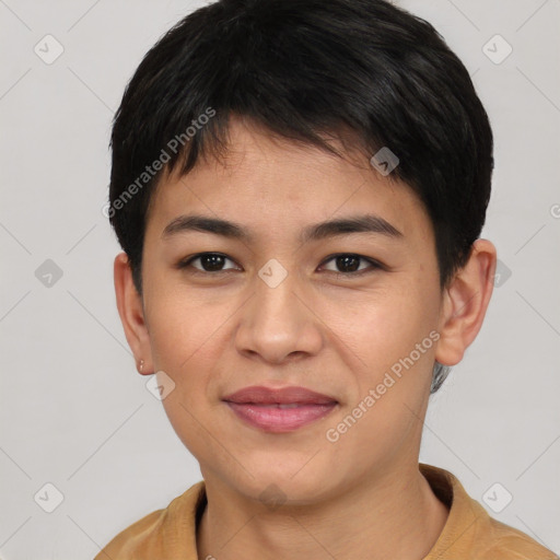 Joyful asian young-adult female with short  brown hair and brown eyes