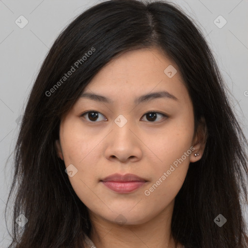 Neutral asian young-adult female with long  brown hair and brown eyes