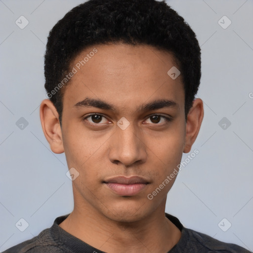 Neutral latino young-adult male with short  black hair and brown eyes