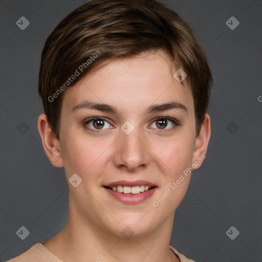 Joyful white young-adult female with short  brown hair and grey eyes