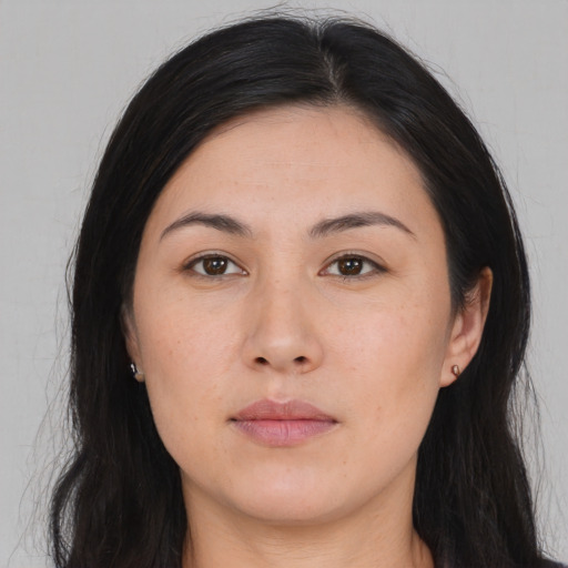 Neutral asian young-adult female with long  black hair and brown eyes