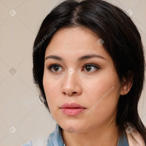 Neutral white young-adult female with medium  brown hair and brown eyes