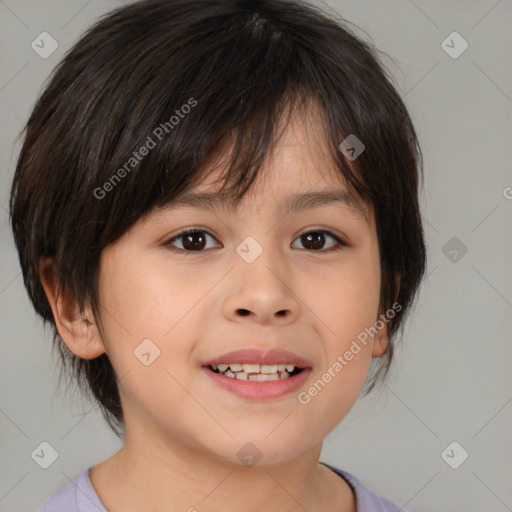 Joyful white child female with medium  brown hair and brown eyes