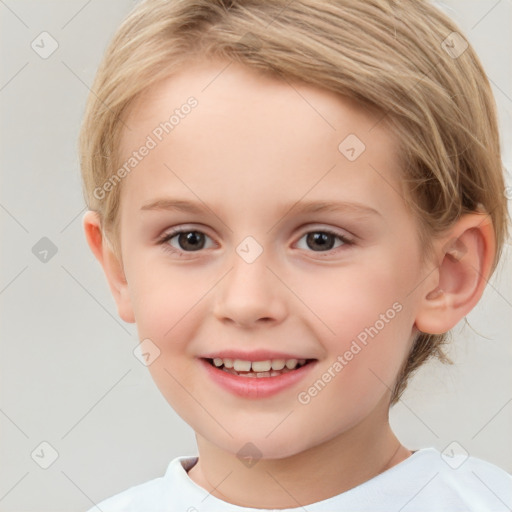 Joyful white child female with short  brown hair and brown eyes