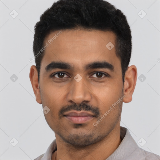 Neutral latino young-adult male with short  black hair and brown eyes