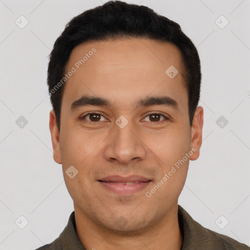 Joyful latino young-adult male with short  black hair and brown eyes