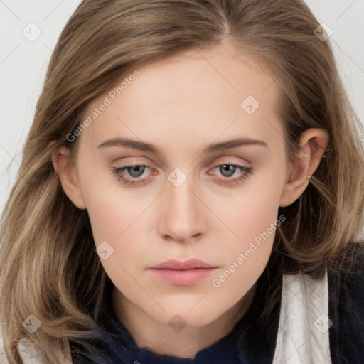 Neutral white young-adult female with long  brown hair and grey eyes