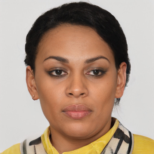 Neutral latino young-adult female with short  black hair and brown eyes