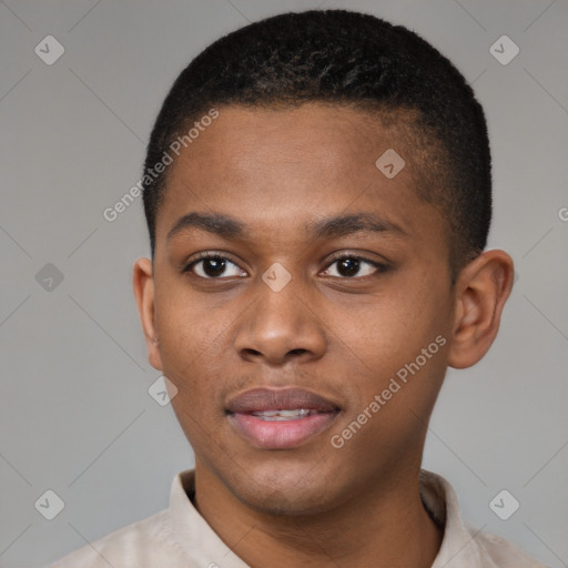 Joyful black young-adult male with short  brown hair and brown eyes