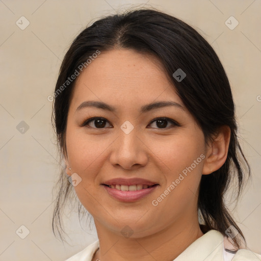 Joyful white young-adult female with medium  brown hair and brown eyes