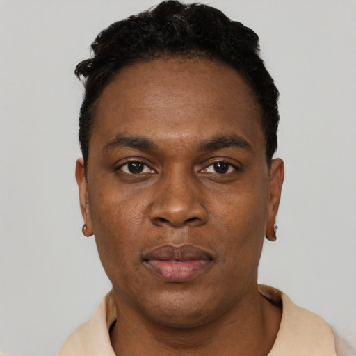 Neutral black adult male with short  black hair and brown eyes