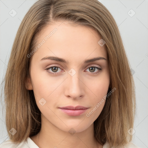 Neutral white young-adult female with medium  brown hair and brown eyes