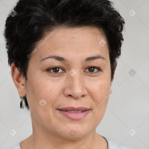 Joyful white adult female with short  brown hair and brown eyes