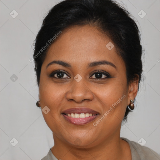 Joyful black young-adult female with medium  brown hair and brown eyes