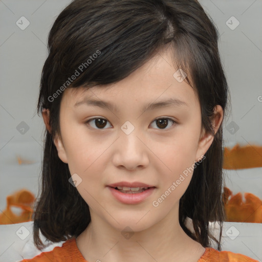 Joyful white child female with medium  brown hair and brown eyes