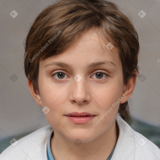 Joyful white child female with medium  brown hair and brown eyes