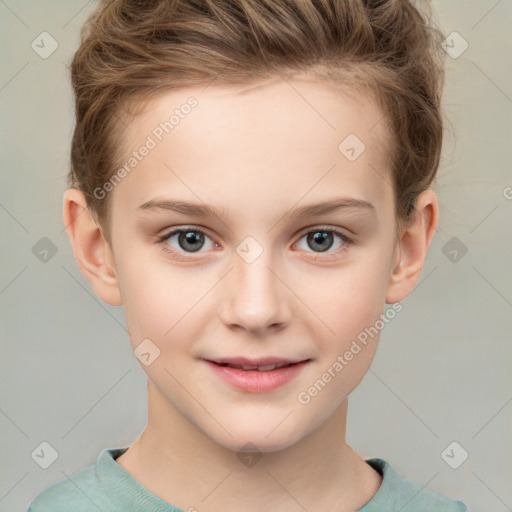 Joyful white child female with short  brown hair and grey eyes