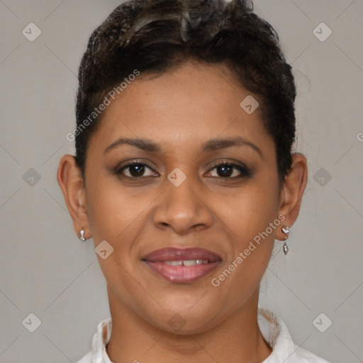 Joyful black young-adult female with short  brown hair and brown eyes